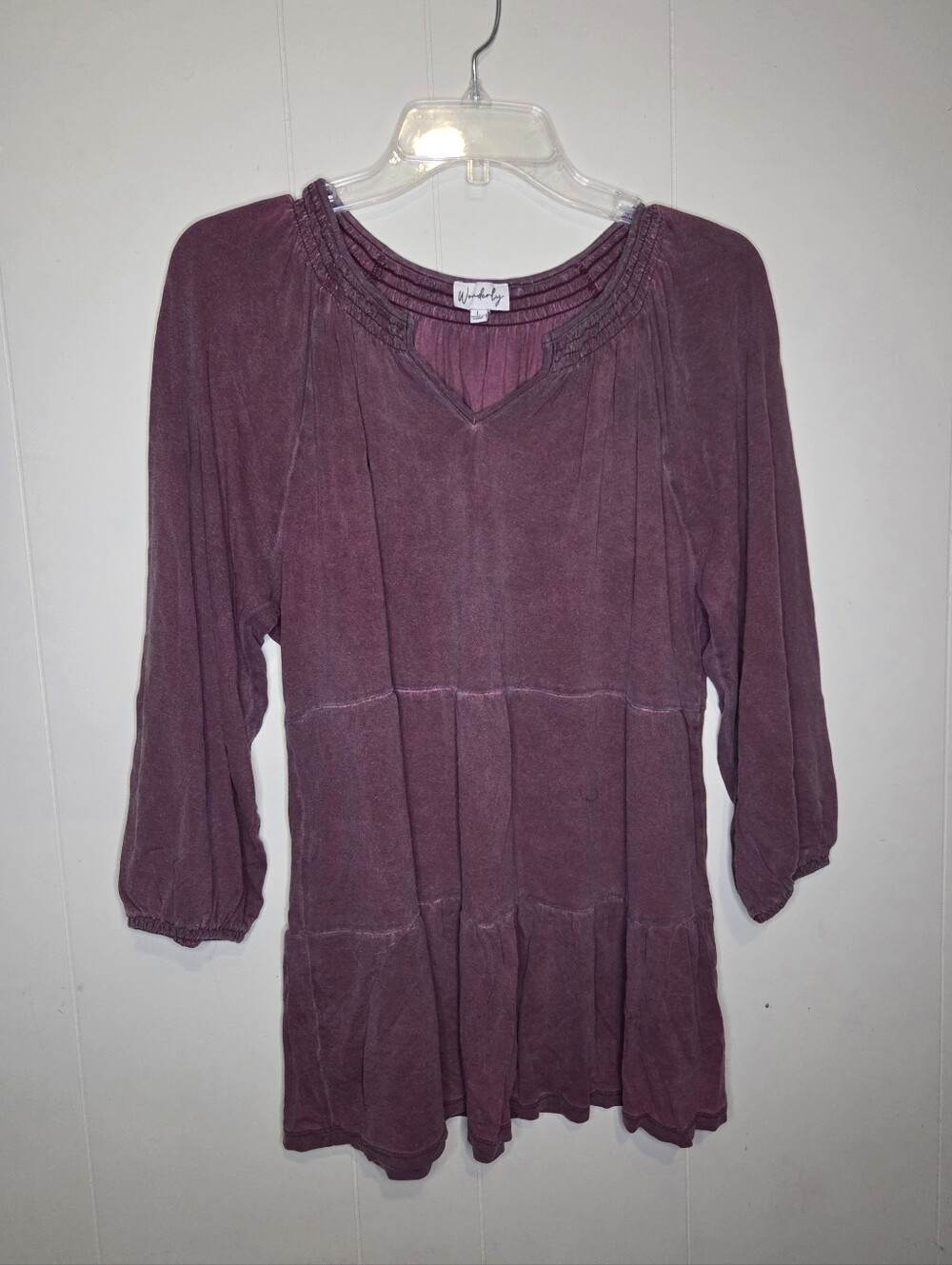 Wonderly Womens Burgundy Mineral Wash Smocked V-Neck Tiered Tunic Top L